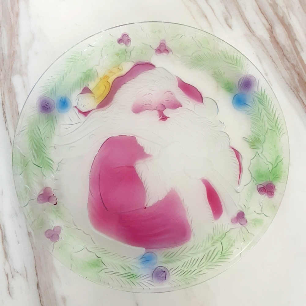 NIB VTG Elements MERRY CHRISTMAS SANTA CLAUS Glass Platter 13"